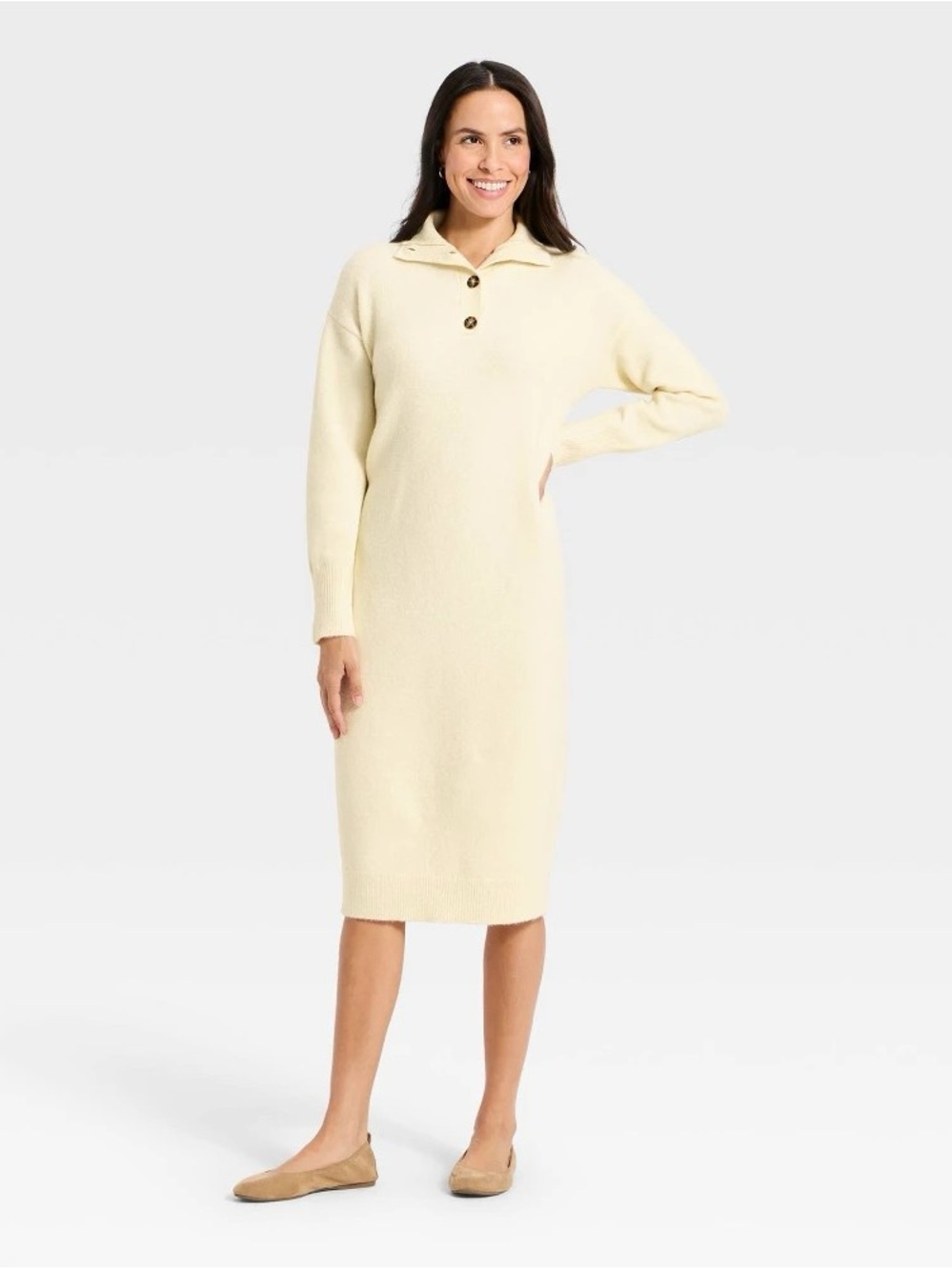 Universal Thread Cream Collared Button-Front Midi Knit Dress b164s